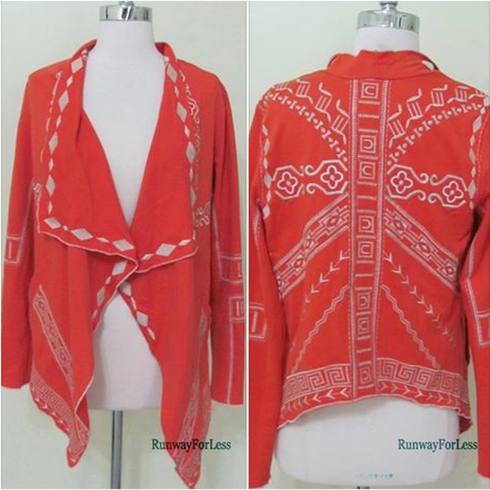 MONORENO Womens Misses Small Open Front Orange Cardigan Embroidery Embroidery